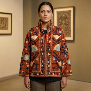 <b>Womens</b> Rust Orange Embroidered <b>Velvet</b> <b>Jacket</b> with Botanical Floral Design Stand Collar - Product Image 1