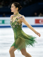 Robe de patinage artistique à col montant et manches longues, dégradé vert, ornée de fleurs 3D et de strass appliqués à la main, pour la compétition et les spectacles