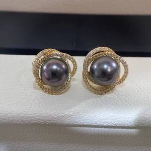 Boucles d'oreilles clous en perles de Tahiti entrelacées 9-10mm, couleur naturelle, presque rondes, haute brillance, bijoux en perles d'eau de mer - Product Image 3