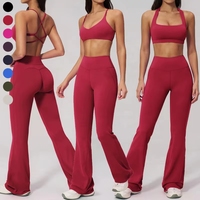 Ensemble de sport pour femme effet seconde peau, soutien-gorge de sport dos nu, pantalon de yoga évasé taille haute, 2 ou 3 pièces, couleur unie, tenues de fitness