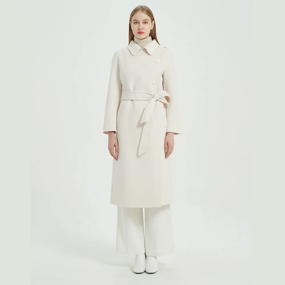 Winter Fashion Temperament Long Detailed Collar Button Design Belted Trench Women's Wool Coat