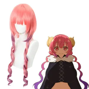 Vente en gros 60cm de long vague rose mixte Miss Kobayashi Dragon Maid Anime Iruru perruque Cosplay synthétique résistant à la chaleur perruque de cheveux