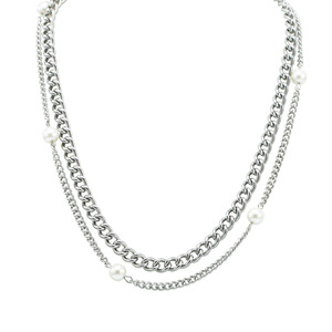 สร้อยคอโซ่คู่มุกเทียมสแตนเลสแบบหลายชั้นสำหรับผู้ชายและผู้หญิง - Product Image 5