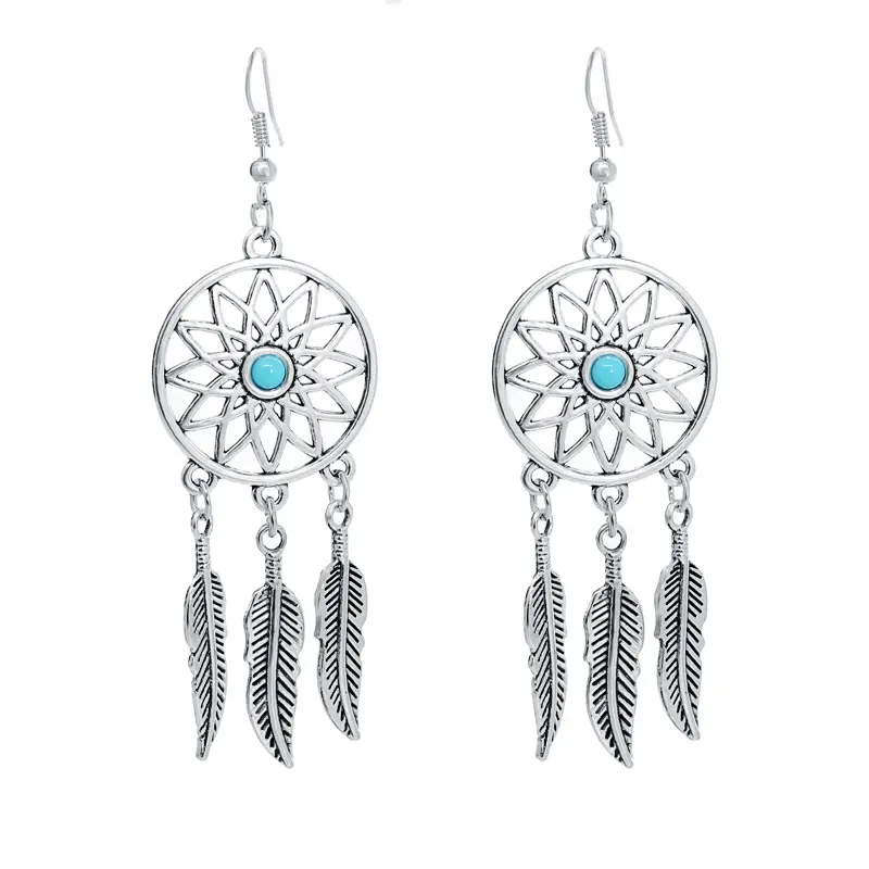 Factory Wholesale Price Women Retro Silver Turquoise Feather Pendant Necklace Dream Catcher Earrings