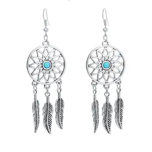 Factory Wholesale Price Women Retro Silver Turquoise Feather Pendant Necklace Dream Catcher Earrings