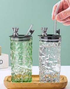 Taza de Vidrio de Gran Capacidad con Diseño de Diamantes Estilo Americano y Tapa con Pajita - Apta para Oficina y Viajes, Lavable en Lavavajillas, Ideal para Regalo - Product Image 4