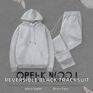 Ensemble de survêtement réversible vintage noir uni pour homme, deux pièces, 100 % coton, avec logo, sweat à capuche et pantalon de jogging, pour fitness et entraînement - Product Image 2