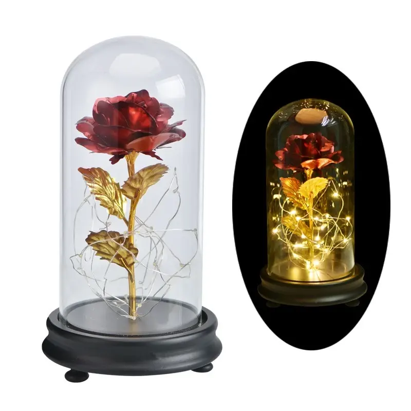 2022 ارتفع الأبدية 24K الذهب احباط الزهور في الزجاج قبة مع مصباح ليد مسحور الورود زهرة هدايا لعيد الأم الزفاف