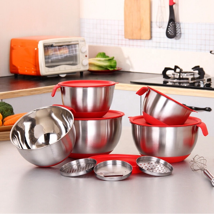 Conjunto de utensílios de cozinha multifuncional, utensílio de cozinha para cozinhar, tigela e base de silicone antiderrapante, de aço inoxidável, tigelas de misturar salada