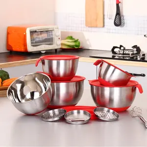 Multi-functional Cooking Utensil Stainless Steel Bakeware Mixing Bowl Non Slip Silicone Base Salad Mixing Bowls Set