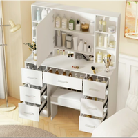 Ensemble de chambre à coucher vintage avec coiffeuse moderne de luxe, éclairage LED réglable, miroir de maquillage, rangement, usage spécifique, commode