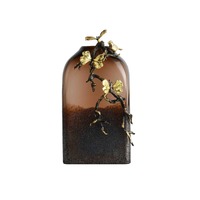 Vase Tikanna en verre dégradé marron et alliage de zinc, design moderne et écologique, motif branche d'oiseau et ginkgo, pour salon