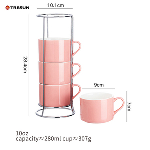 Pink Mother's day Gift set Ceramic <b>Espresso</b> <b>Cups</b> Saucers 5 oz Stackable Cappuccino <b>Cups</b> with Rack Stand for Coffee Latte Tea - Product Image 4