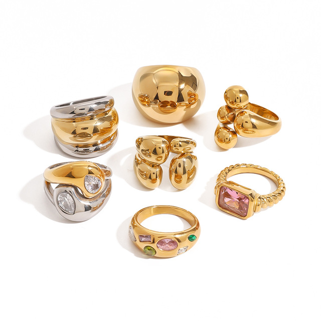 Fashion Jewelry Polished Interlaced Water Drop Zirconia Rings PVD 18k Gold Plated Stainless Steel Luxury Chunky Rings for Women