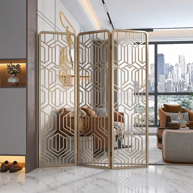 SS304 Multi Panel Folding Stainless Steel Laser Cut Geometric Decorative Screen Partition Room Divider for Home Hotel Interior