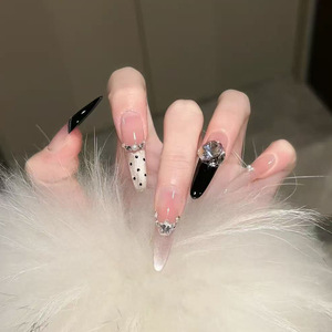 Uñas Postizas Hechas a Mano <span class=keywords><strong>de</strong></span> 4cm <span class=keywords><strong>de</strong></span> Largo, Color Nude, Efecto Ojo <span class=keywords><strong>de</strong></span> Gato, Cobertura Total, con Diseño <span class=keywords><strong>de</strong></span> Puntos Negros, <span class=keywords><strong>Manicura</strong></span> <span class=keywords><strong>de</strong></span> Lujo Color Champán para Dedos - Product Image 1