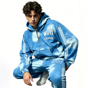 Ensemble de survêtement décontracté personnalisé pour homme, 2 pièces, avec sweat à capuche zippé imprimé numérique et pantalon évasé thermique délavé coupe courte - Product Image 1