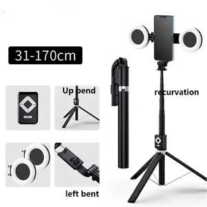 Trépied extensible 1,7 m avec anneau lumineux LED double et support miroir 4-en-1 pour téléphone (<span class=keywords><strong>iPhone</strong></span> X, 8, <span class=keywords><strong>11</strong></span>, Android) - Product Image 1