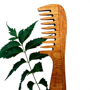 Peigne en bois avec feuilles vertes, matériau naturel, décoration murale polie, artisanat - Product Image 1