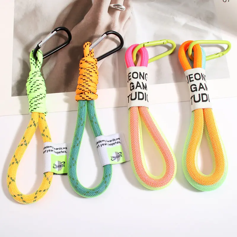 Criativo Iridescente Braid Rope Keychain Carabiner Key Ring Para Mochila Acessórios Pingente Pendurado Cord Jóias