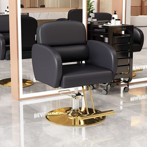 Modern <b>Brown</b> Faux Leather Barber <b>Chair</b> with Hydraulic Pump and Round Gold Base for Salon Use - Product Image 3