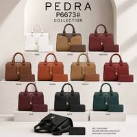 Set 3 Buah Tas Tangan Wanita Mewah PEDRA P6673 Tas Kantor Bisnis Profesional Tas Bahu Kapasitas Besar dengan Dompet & Tali