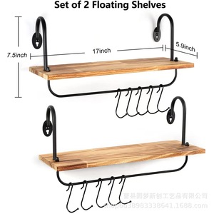 Kitchen water cup wall-mounted <b>rack</b> combining solid wood and iron, decorative storage <b>rack</b>, simple solid wood <b>shelf</b>, - Product Image 4