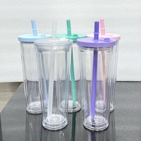 Gobelets en acrylique de 24 oz avec trou pré-percé, tasses en plastique à double paroi avec paille à boba, bouteille d'eau avec couvercle anti-fuite