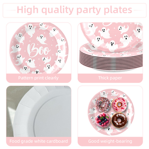 <span class=keywords><strong>Assiettes</strong></span> en papier fantôme rose pour fêtes d'Halloween et du Día <span class=keywords><strong>de</strong></span> Muertos, articles <span class=keywords><strong>de</strong></span> fête <span class=keywords><strong>jetables</strong></span> à thème citrouille étrange - Product Image 2