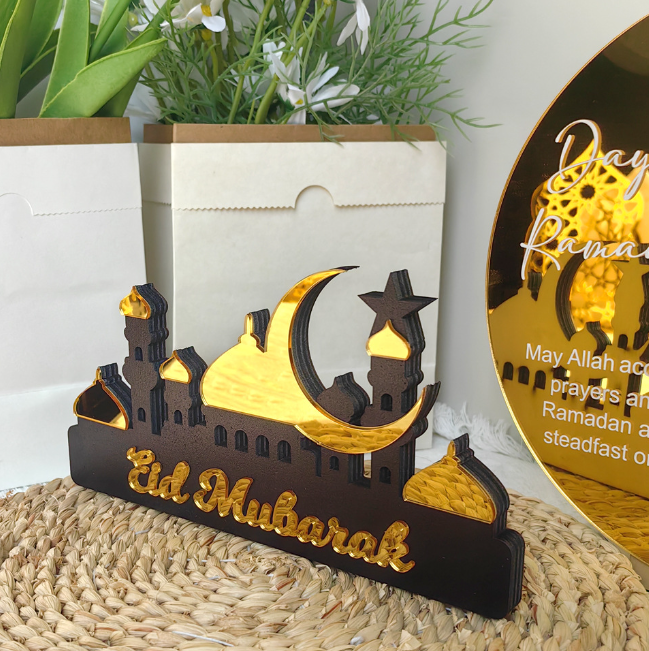 2025 Mubarak Ornament Ramadan Eid Ornaments Wooden Acrylic Castle Tabletop Decorations Islamic Party and Festival Decorations