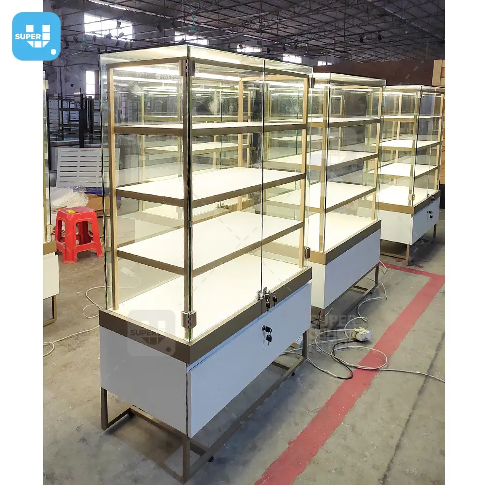 Wholesale Modern Storage Shop Display Wall Cabinet Custom Gold Led Glass Shelf Display Showcase for Shopping Mall