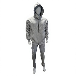 Sturdy Men's Gray <b>Full</b> <b>Zip</b> <b>Hoodie</b> Tracksuit Set 100% Cotton Casual Solid Color Autumn Wear Regular Fit Side Pockets - Product Image 1