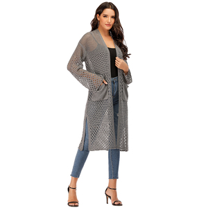 Amzn AE fb eb tiktok oem Usine en gros femmes <span class=keywords><strong>ajouré</strong></span> creux tricoté <span class=keywords><strong>cardigan</strong></span> couleur uni long pull cardigans - Product Image 4