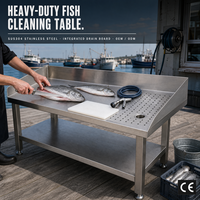 Meja Pembersih Ikan Stainless Steel Komersial, Tugas Berat, untuk Luar Ruangan, Workstation Persiapan Makanan Laut dengan Papan Pembuangan, Langsung dari Pabrik OEM
