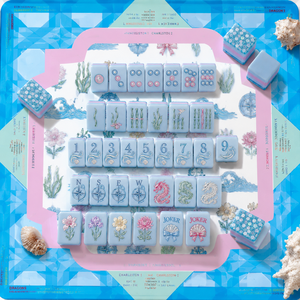 American Mahjong Mat Pink Blue Coastal Ocean Theme Mahjong Table Mat with Sea Shells Seahorses Coral Dragons and Compass Design - Product Image 2