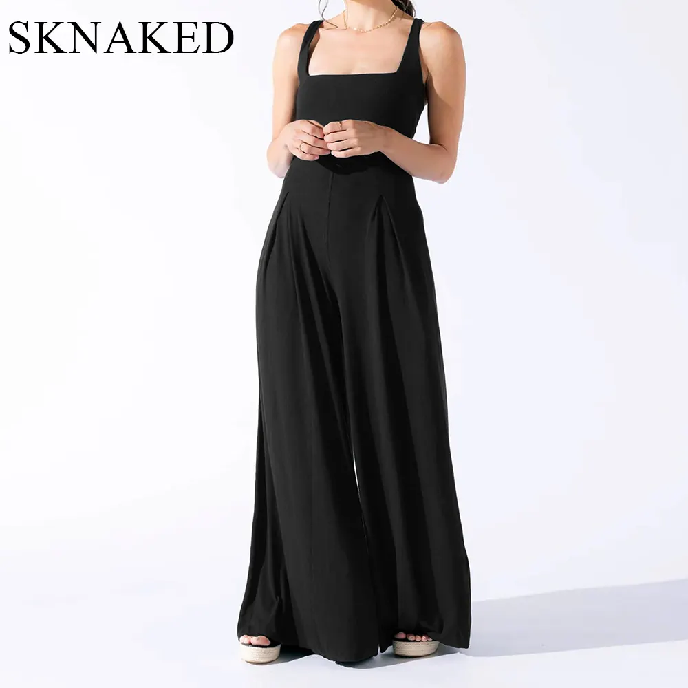 SKNAKED Jumpsuit kaki lebar wanita, Jumpsuit celana Palazzo overall longgar kasual musim semi musim panas