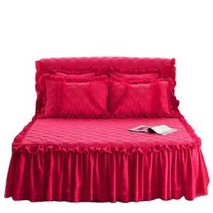 Gonna da letto a pieghe elastica con rifiniture in pizzo ricamato trapuntato in cotone stile coreano