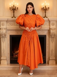 Abito Lungo Vintage Europeo-Americano dal Design Unico, Nuovo Modello con <span class=keywords><strong>Maniche</strong></span> a Sbuffo, Vita Plissettata, Collo Tondo, Vestibilità Slim, Vita Alta per Donna - Product Image 1
