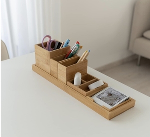 ถาดไม้ไผ่สำหรับโต๊ะเครื่องแป้งชุดถาดโต๊ะเครื่องแป้งสำหรับวางบนเคาน์เตอร์ห้องน้ำ6ชิ้นอุปกรณ์จัดระเบียบโต๊ะในครัวและจัดเก็บของชิ้นเล็กๆ - Product Image 1