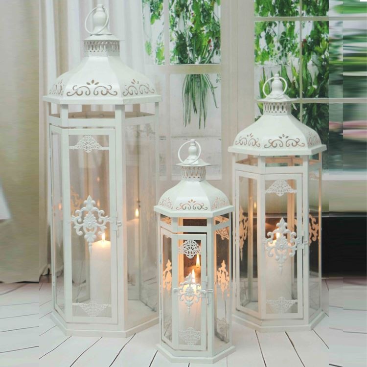 Conjunto de 3 lanternas de metal do marrocos decoração de jardim branco