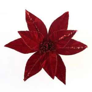 Christmas Flowers Decoration Artificial Poinsettia Flower Stem Sequined Velvet Poinsettia for Xmas Tree Red Christmas Flower