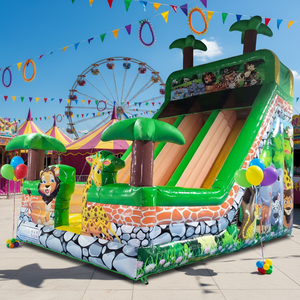 Toboggan gonflable commercial à thème <span class=keywords><strong>zoo</strong></span> vert, toboggan sec avec lion et tigre - Product Image 1