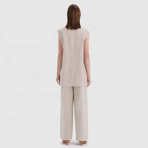 Gilet da donna lungo sartoriale doppiopetto con tasche gilet Beige elegante giacca senza maniche in lino - Product Image 5