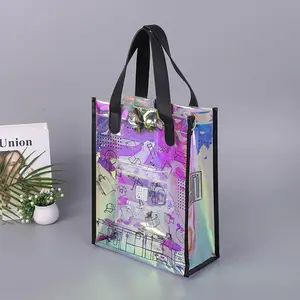 Customized Holographic PVC Handbag Reusable Shopping Travel Storage Transparent Laser Bag With Custom Logo