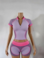 Ensemble 2 pièces color block d'été au design unique pour femme : veste zippée et short – Tenue de sport, yoga, gym, fitness, décontractée, entraînement – OEM