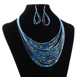 Wholesale Bold 20 layers south African ghanaian nigerian tribal women Glass Beads beaded necklace and earing jewelry sets