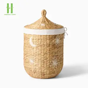 Eye Catching Water Hyacinth Hamper Storage Basket Eco Friendly Woven Moon & Stars Hamper OEM Packaging in Vietnam Handmade