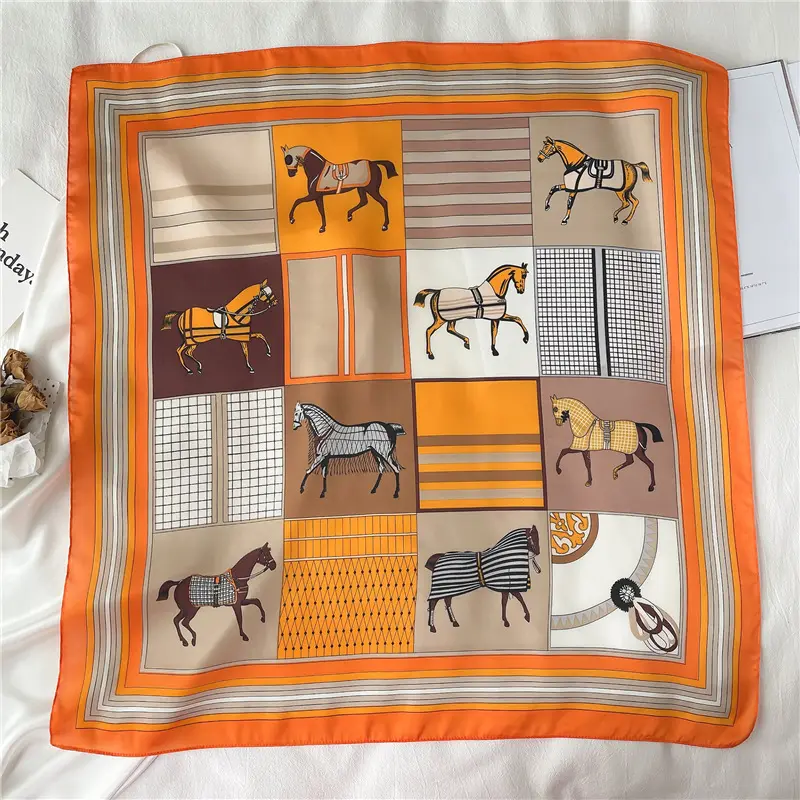 2022 Luxury Brands Orange Satin Silk Horse Scarves Hijab Woman bag Designer Equestrian Square Silk Scarf 70*70