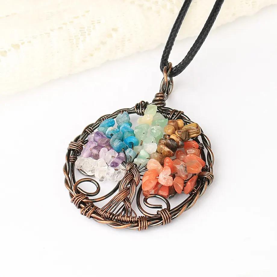 Разноцветный камень ручной работы, кулон с деревом жизни, 7 чакр, богемное ювелирное изделие