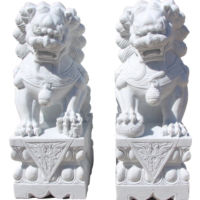 Par De Estatuas De Foo Dog De Piedra – Estilo Oriental, Acabado Antiguo, Para Jardín O Interior